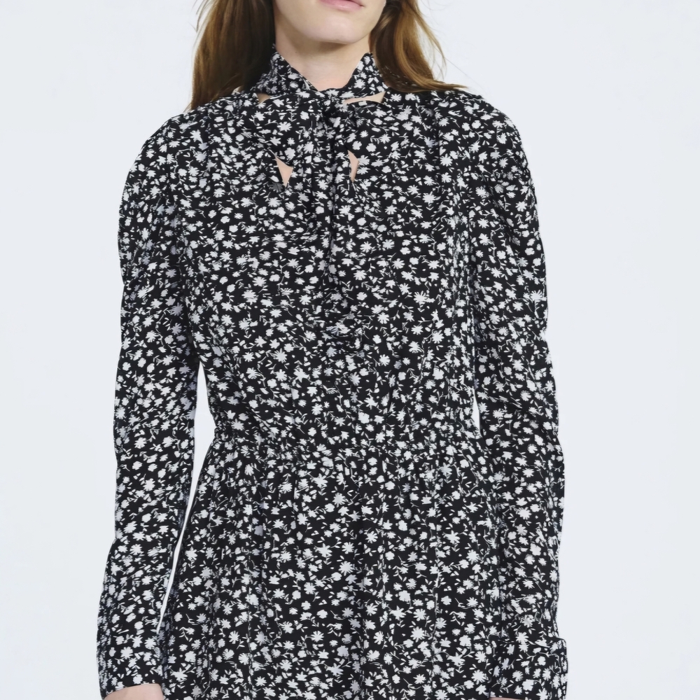 floral bow-neck mini dress - Black/White - Picture 2 of 6